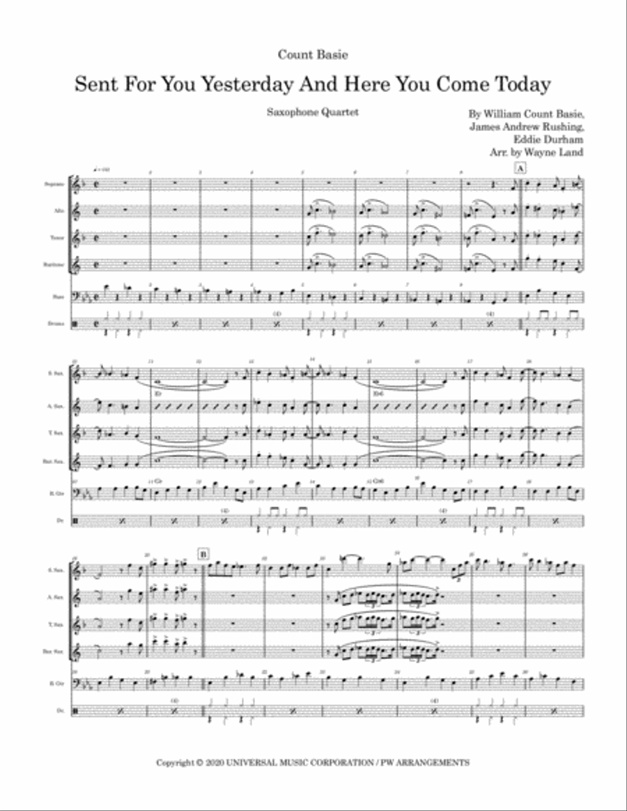 Sent For You Yesterday And Here You Come Today Saxophone Quartet scores gallery preview page 2