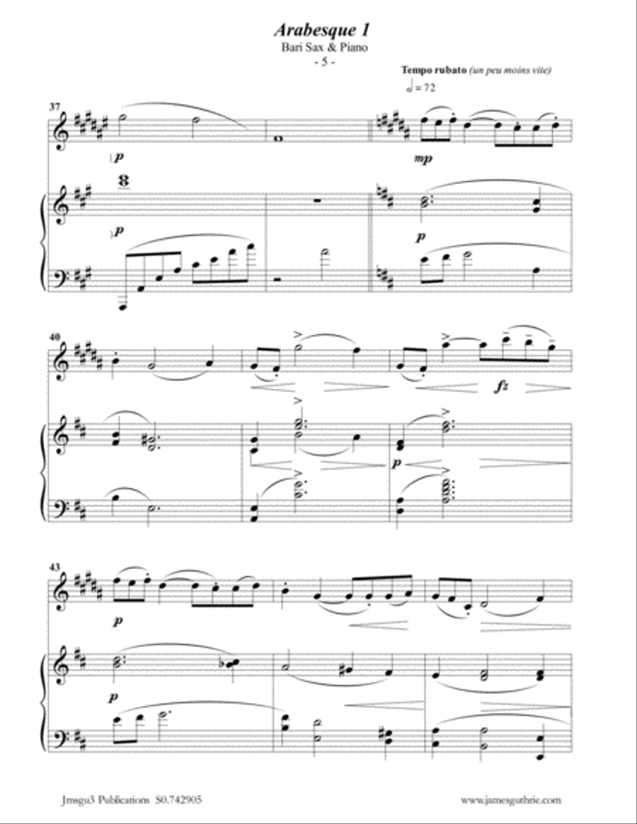Debussy: Two Arabesques for Baritone Sax & Piano Baritone Saxophone scores gallery preview page 5