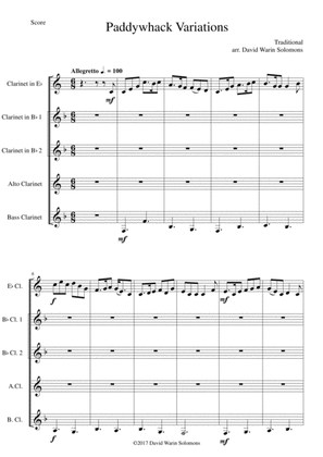 Paddywhack Variations for clarinet quintet (version for E fl, 2 B fl, Alto, C or B fl Bass)