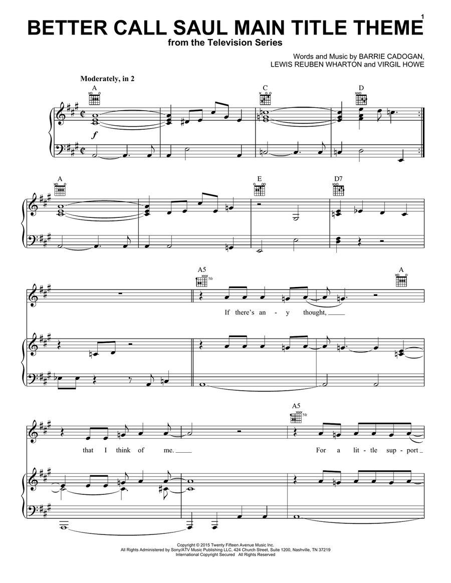 Better Call Saul Main Title Theme Piano, Vocal, Guitar scores gallery preview page 1