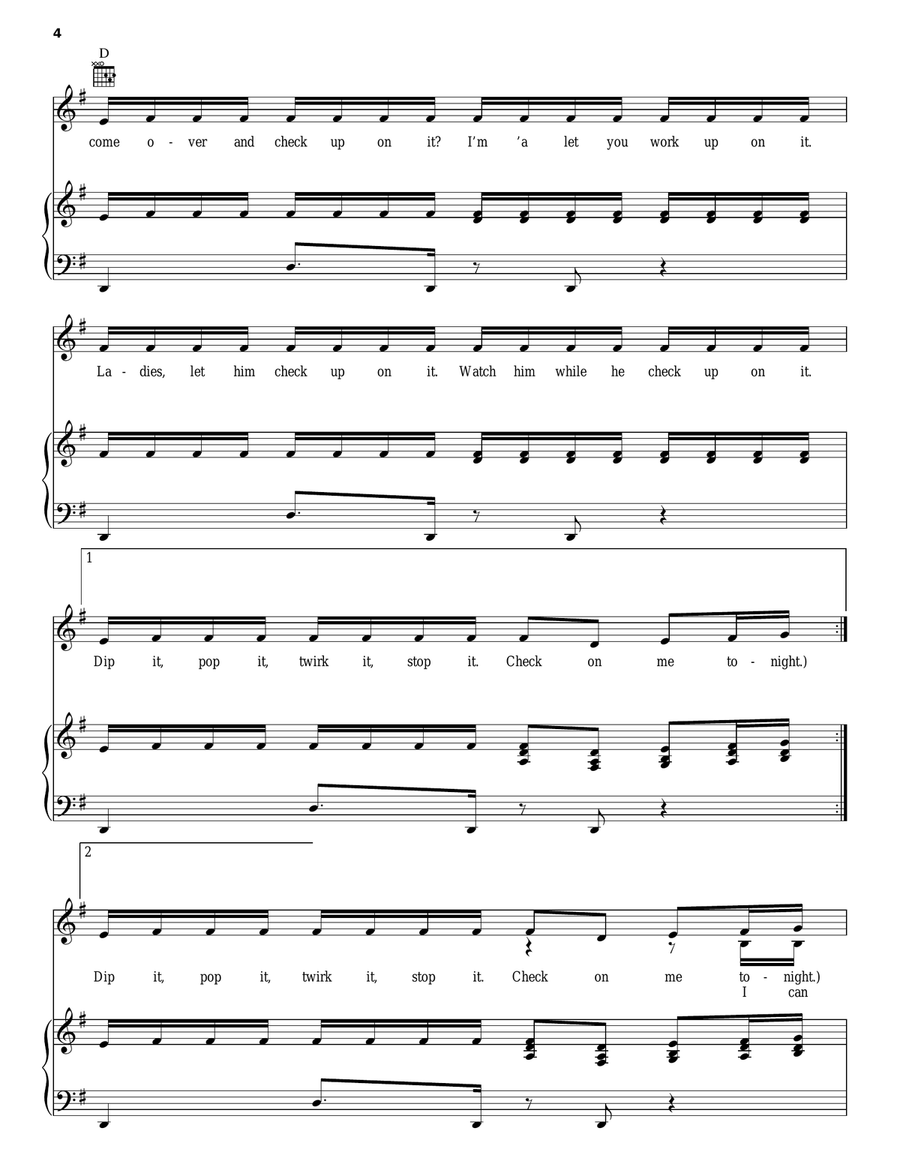 Check On It Piano, Vocal, Guitar scores gallery preview page 4
