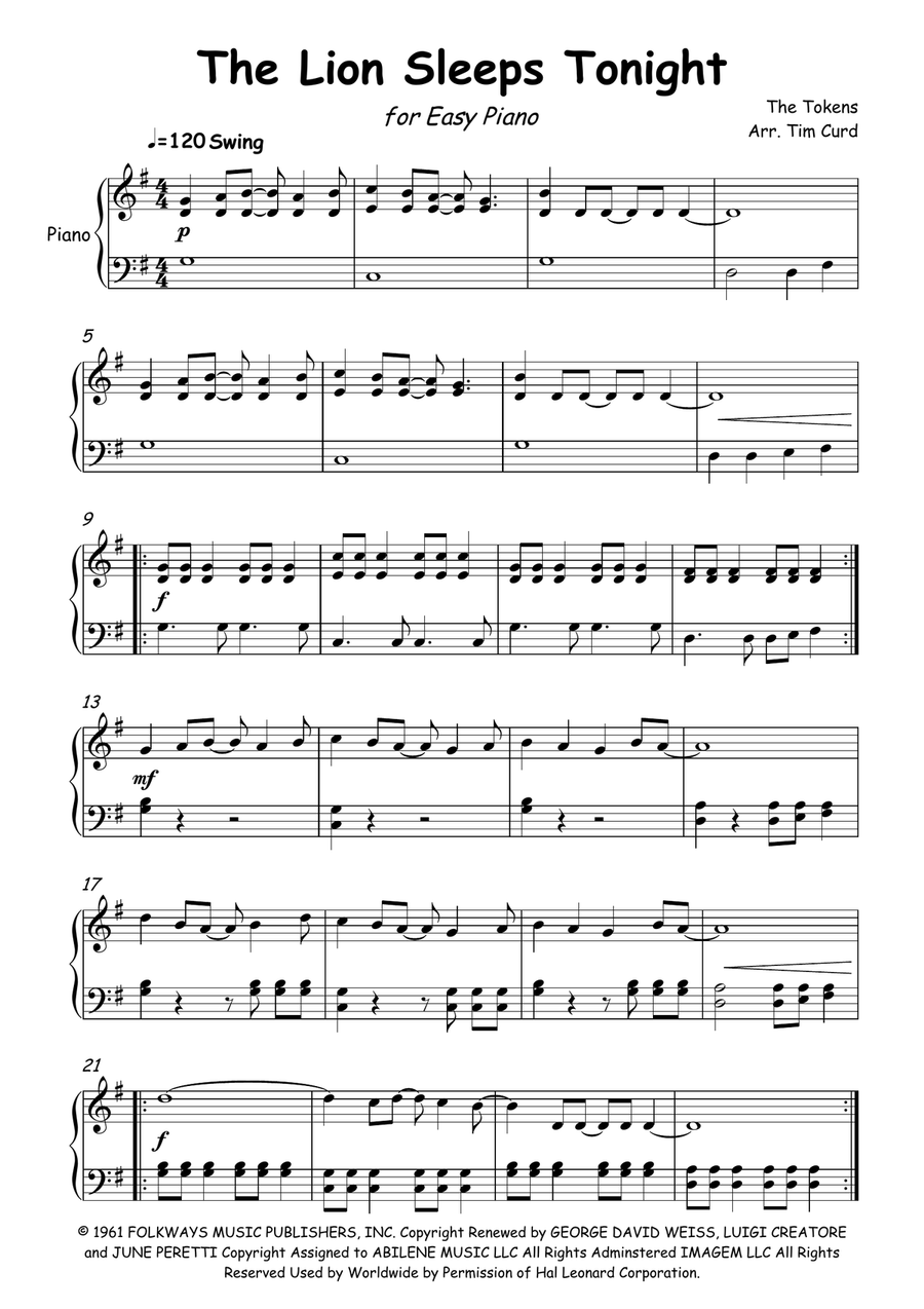 The Lion Sleeps Tonight Easy Piano scores gallery preview page 1