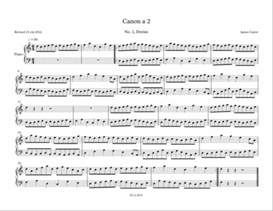 Canon a 2 in Three Modes, No. 2, Dorian, for Piano Solo, by J.W. Carter Piano Method scores gallery preview page 1