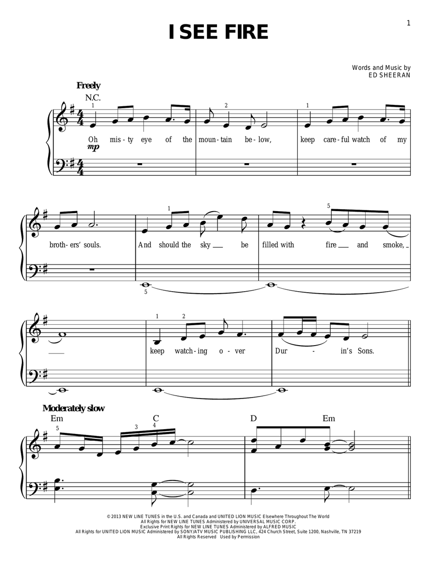 I See Fire (from The Hobbit) Easy Piano scores gallery preview page 1
