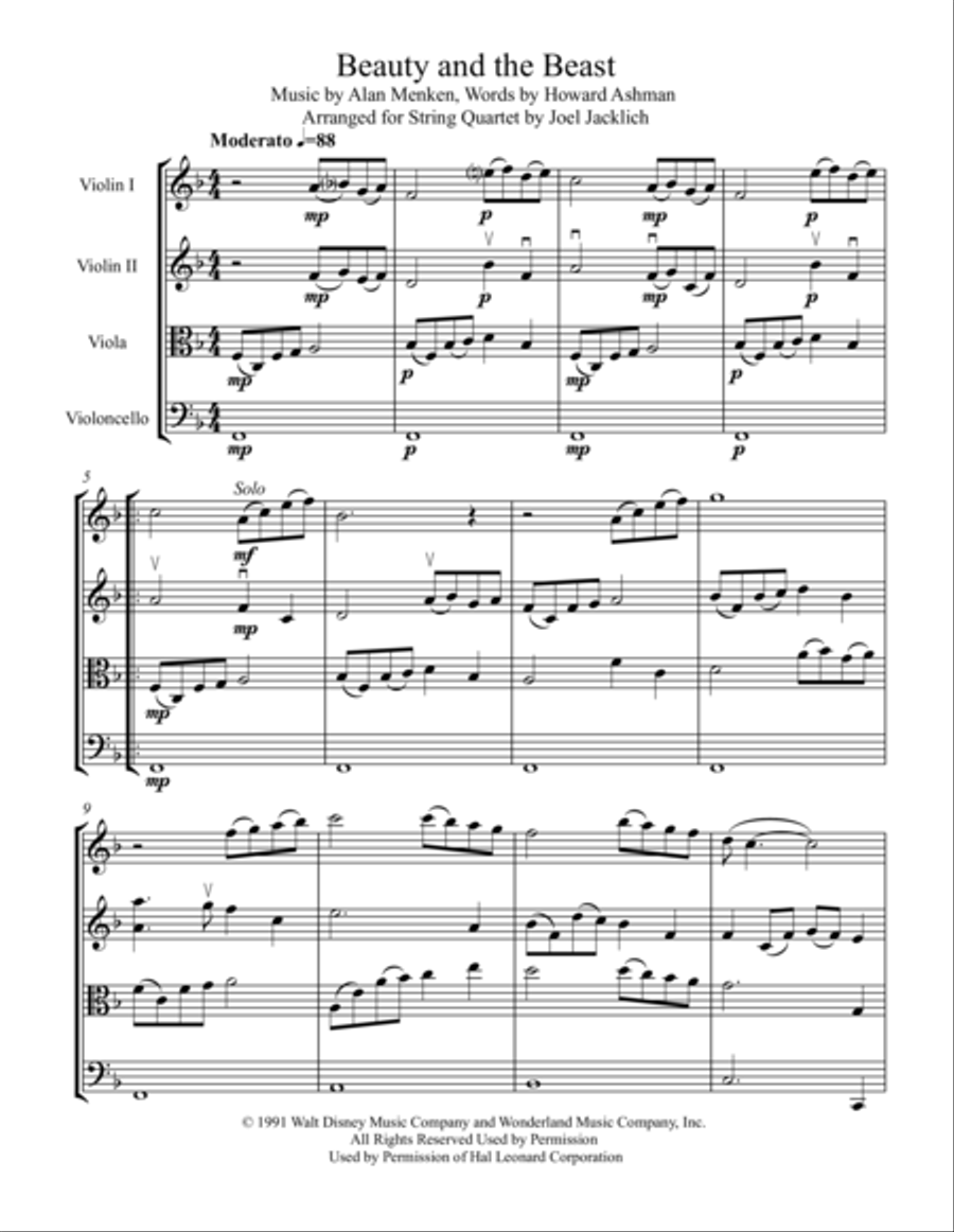 Beauty And The Beast Beauty And The Beast String Quartet scores gallery preview page 1
