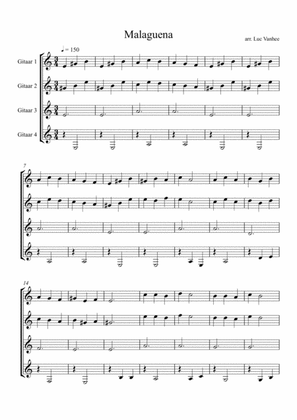 Malaguena Score & Parts ( Guitar Quartet )