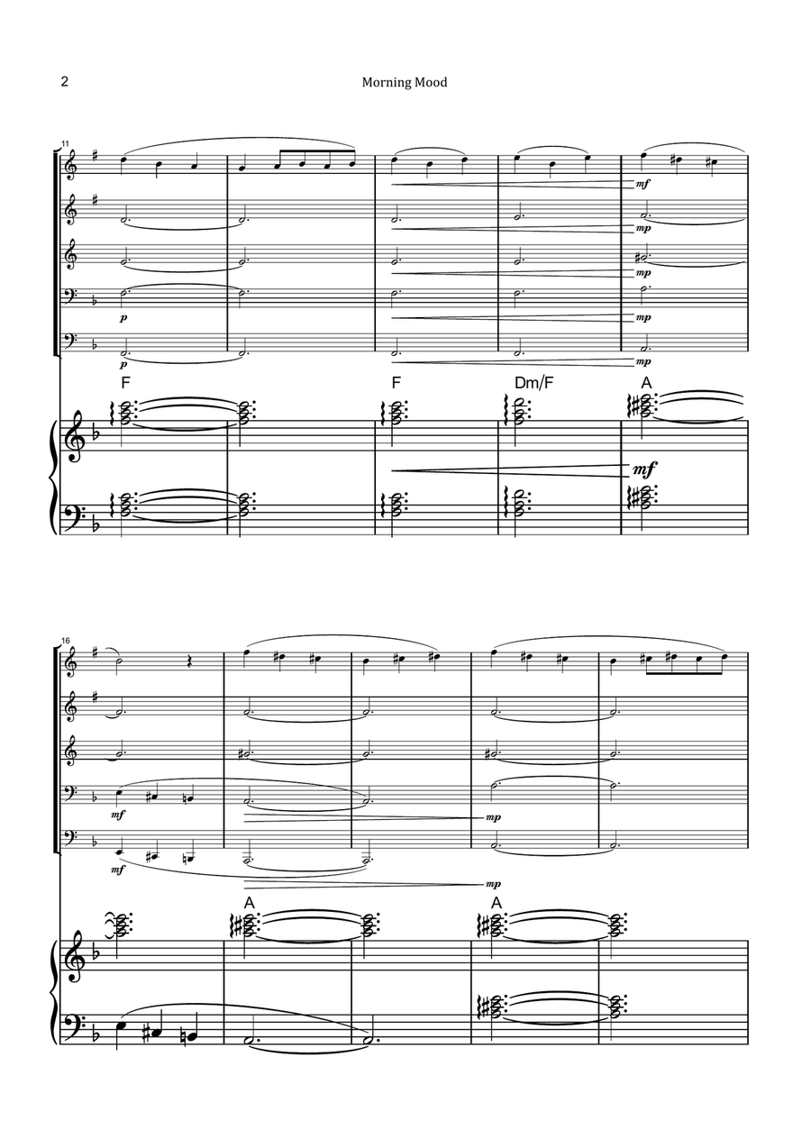 Morning Mood by Grieg - Brass Quintet & Piano with Chord Notation Brass Quintet scores gallery preview page 2