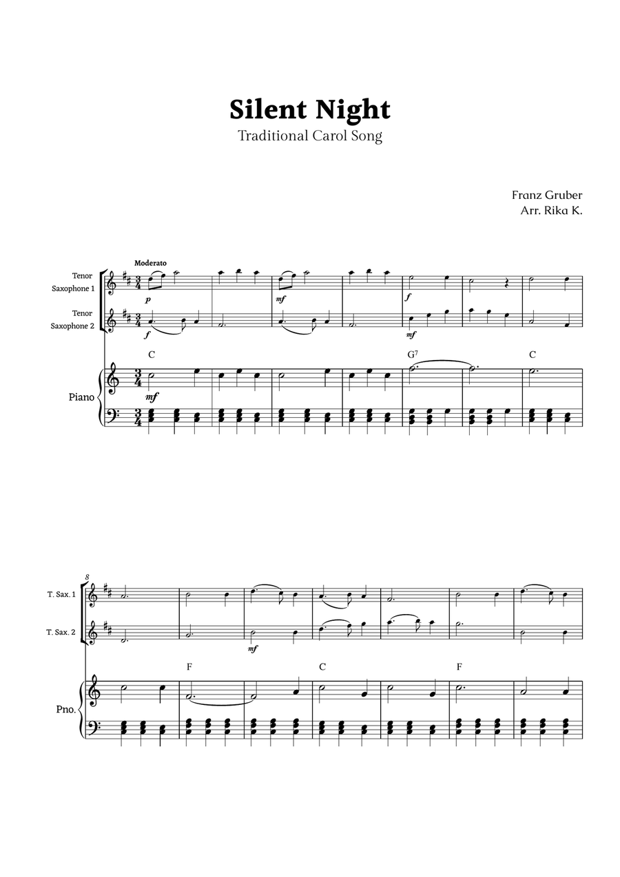Silent Night for Tenor Sax Duet with Piano Woodwind Duet scores gallery preview page 1