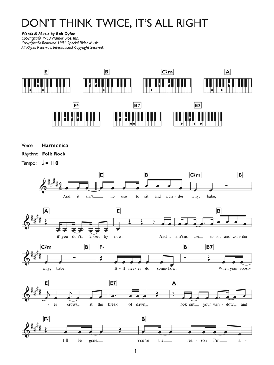 Don't Think Twice, It's All Right Piano Solo scores gallery preview page 1