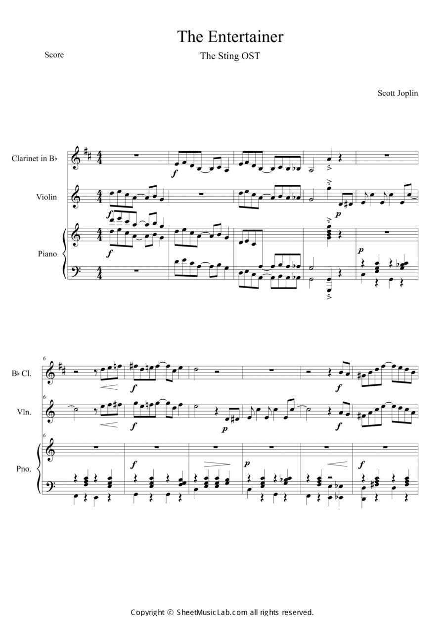The Entertainer (The Sting OST) Short Version Clarinet scores gallery preview page 1