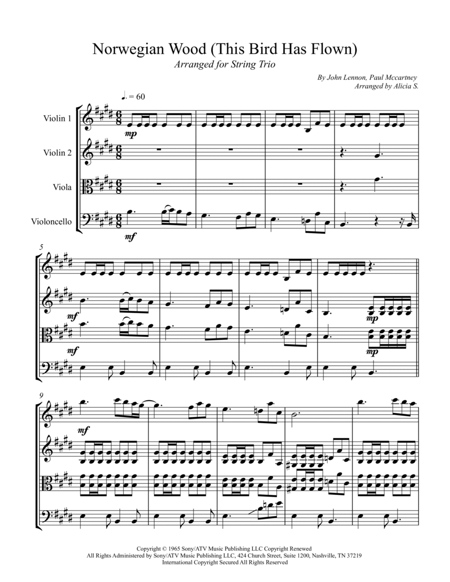 Norwegian Wood (this Bird Has Flown) String Trio scores gallery preview page 1