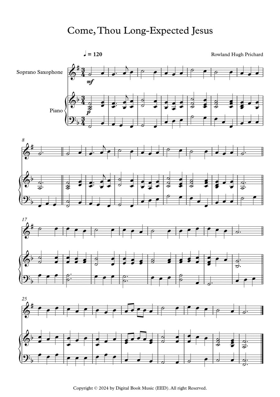 Come, Thou Long-Expected Jesus - Rowland Hugh Prichard (Soprano Sax + Piano) Soprano Saxophone scores gallery preview page 1