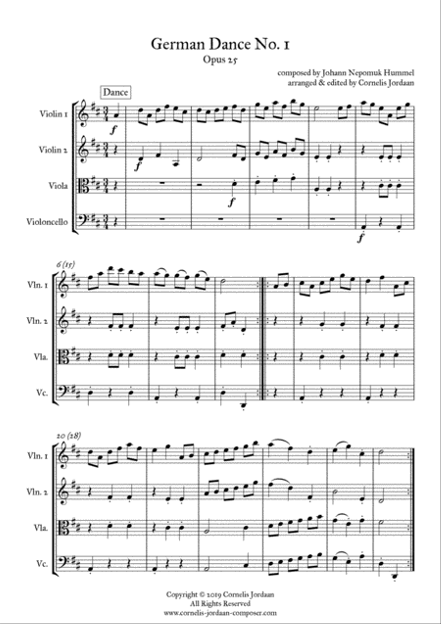 HUMMEL: German Dance No. 1, Opus 25, arranged for string quartet String Quartet scores gallery preview page 1