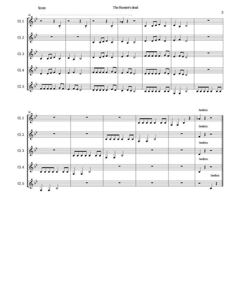 The Rooster's Dead (Le coq est mort) canon for 5 clarinets with beatboxing Clarinet Quintet scores gallery preview page 3
