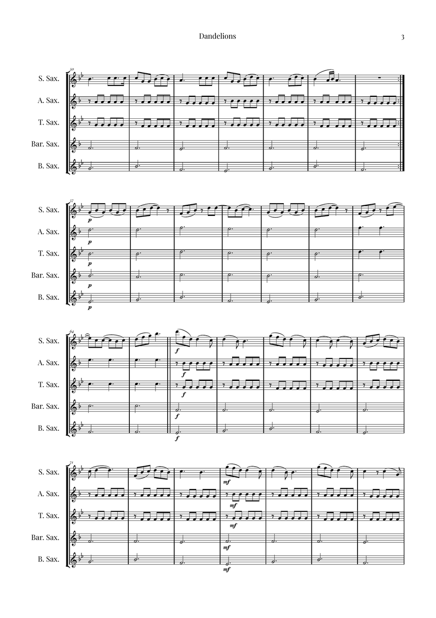 Dandelions Saxophone Quintet scores gallery preview page 3