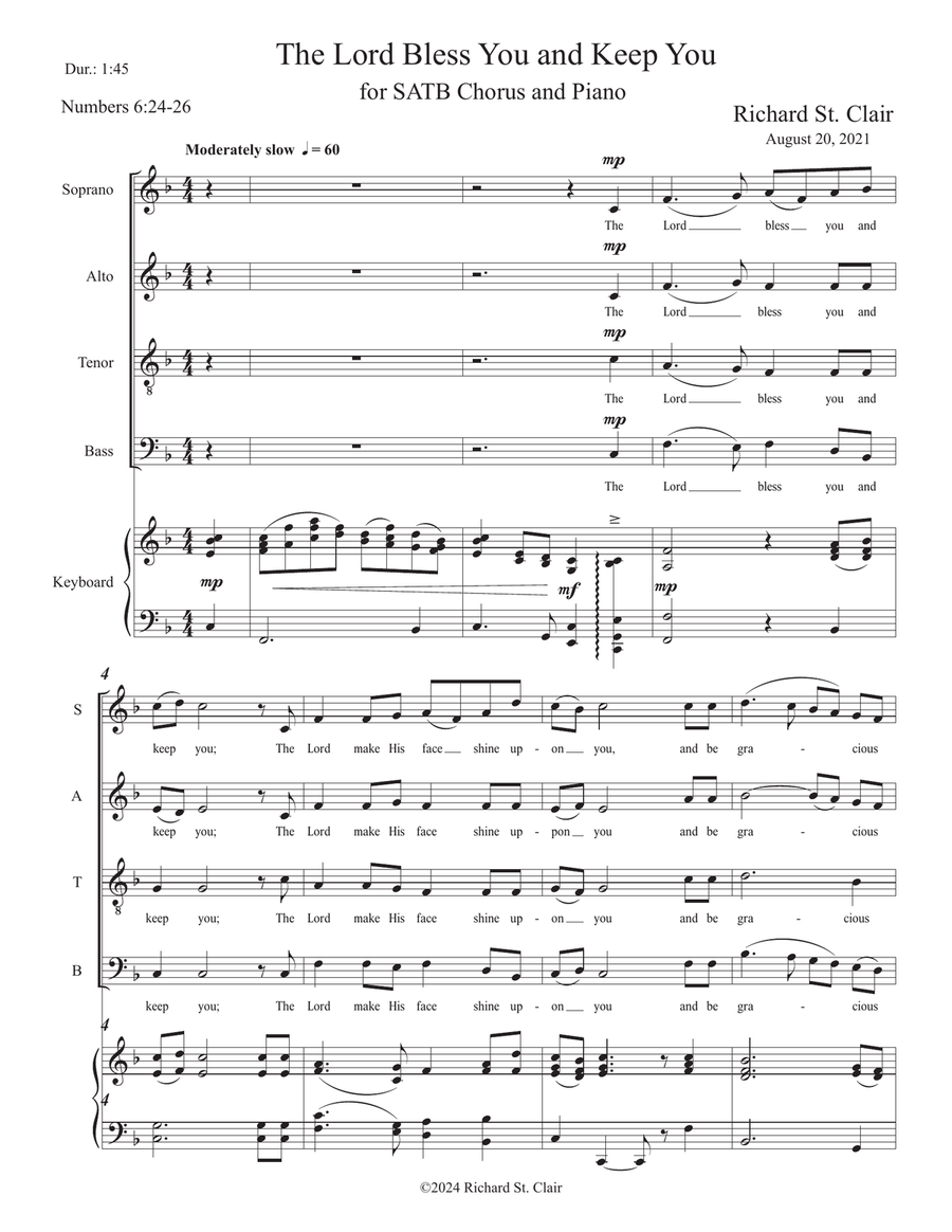 THE LORD BLESS YOU AND KEEP YOU for SATB Chorus and Piano 4-Part scores gallery preview page 1