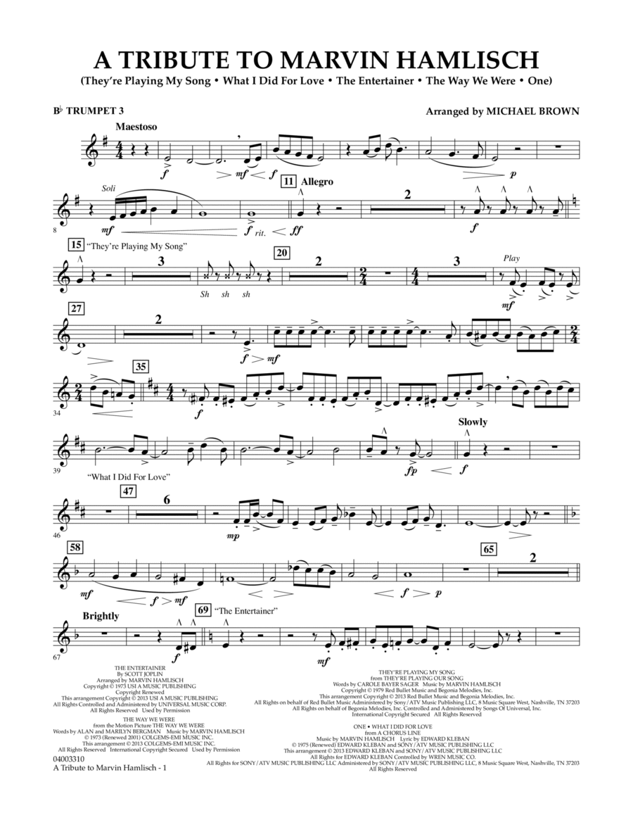 A Tribute To Marvin Hamlisch - Bb Trumpet 3 Concert Band scores gallery preview page 1