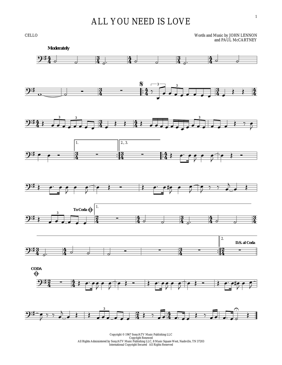 All You Need Is Love Cello Solo scores gallery preview page 1