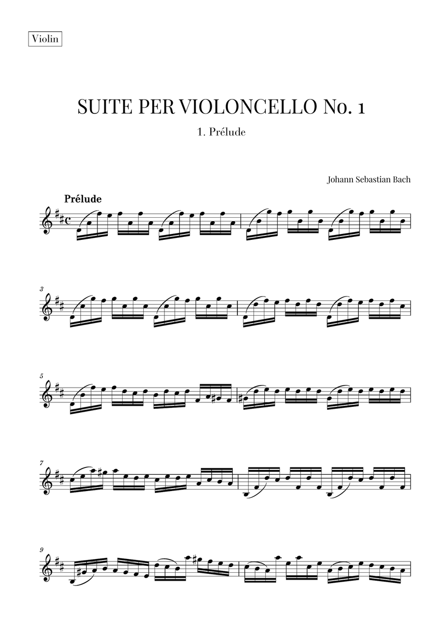 Bach - Prelude from Cello Suite No. 1 in G Major (Violin Transcription) Cello scores gallery preview page 1