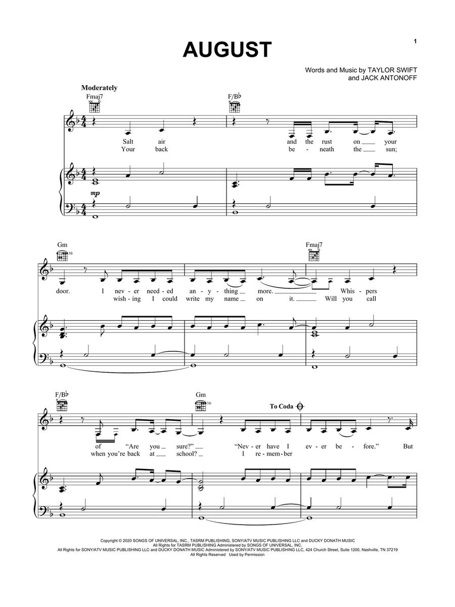 august Piano, Vocal, Guitar scores gallery preview page 1