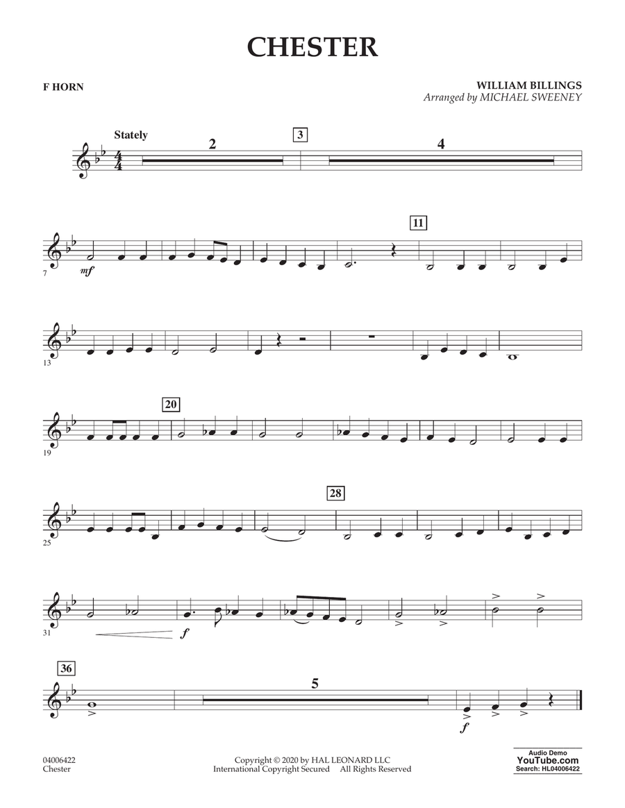 Chester (arr. Michael Sweeney) - F Horn Concert Band scores gallery preview page 1