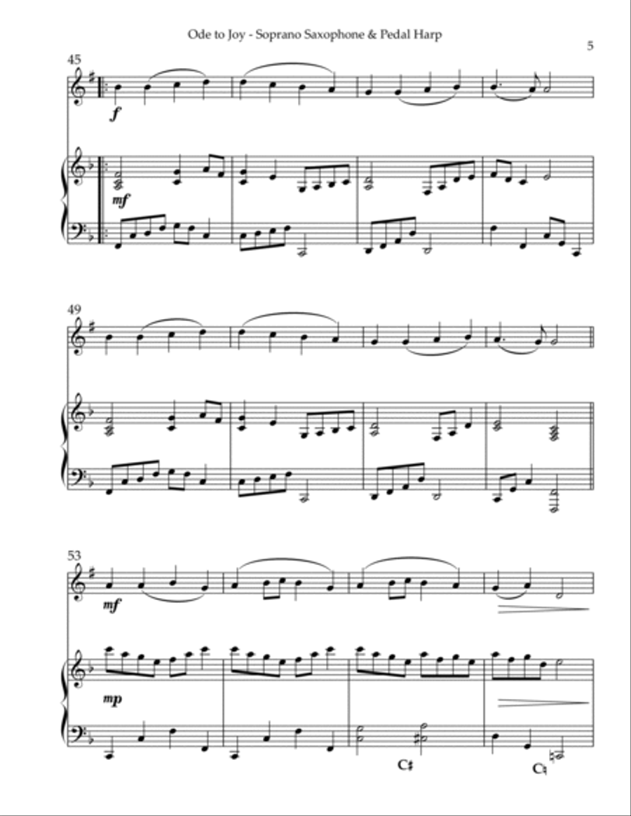 Ode to Joy, Duet for Bb Soprano Saxophone & Pedal Harp Soprano Saxophone scores gallery preview page 5