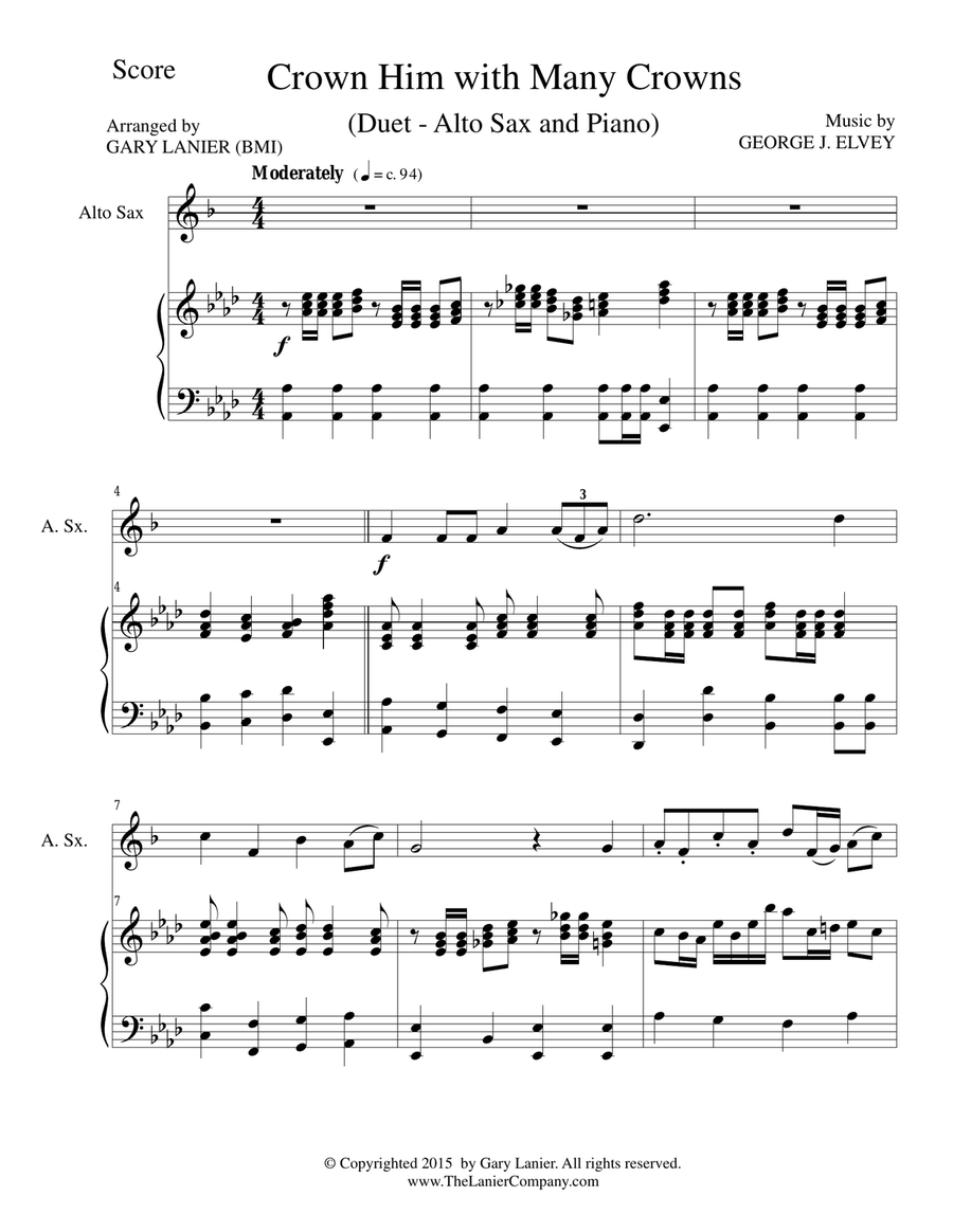 CROWN HIM WITH MANY CROWNS (Duet – Alto Sax and Piano/Score and Parts) Woodwind Duet scores gallery preview page 1