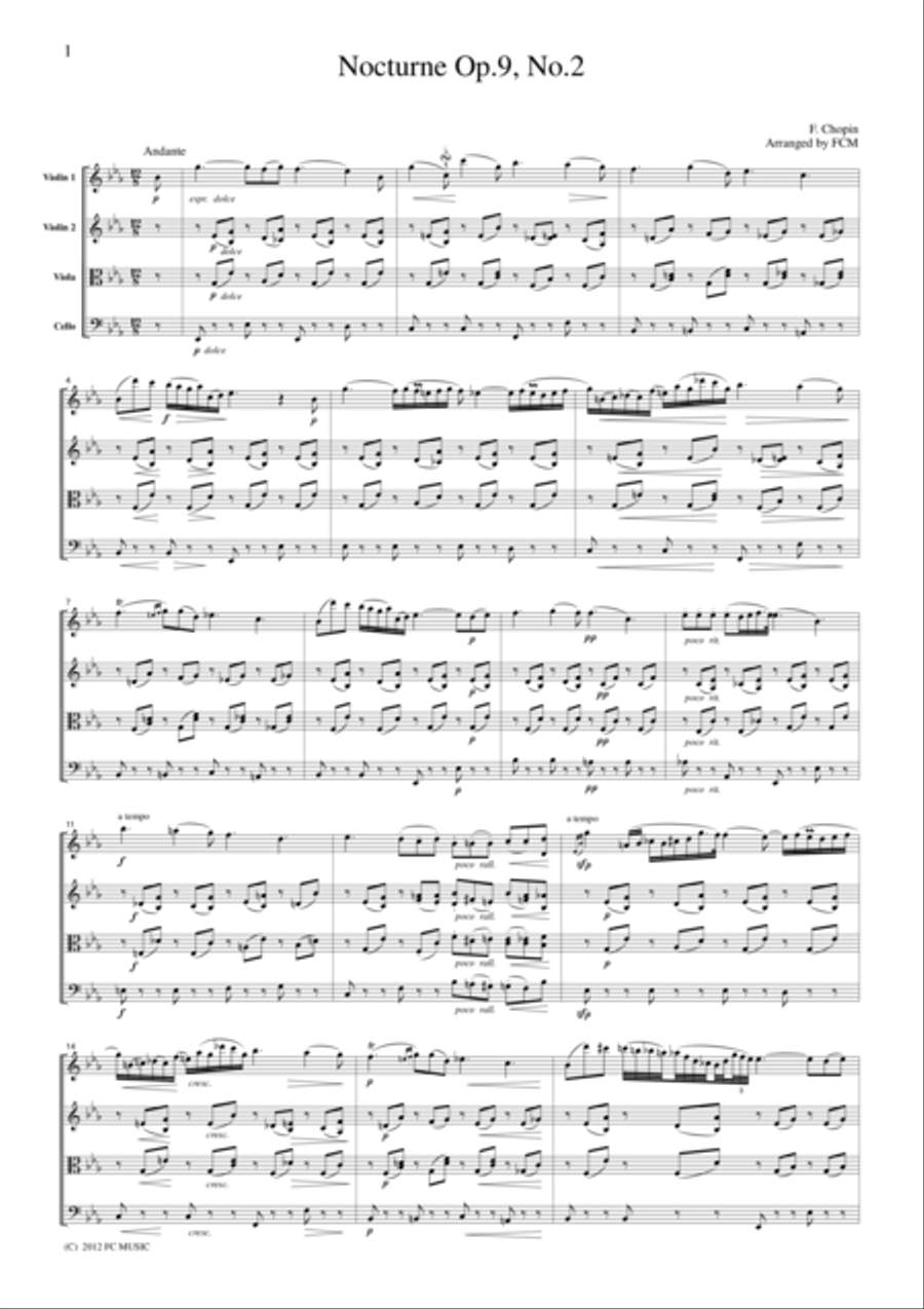 Chopin Nocturne Op.9, No.2 , for string quartet, CC004 String Quartet scores gallery preview page 1