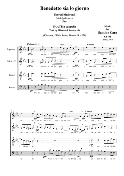 Benedetto sia lo giorno - Sacred madrigal for SAATB a cappella image number null
