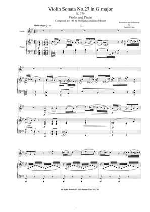 Mozart - Violin Sonata No.27 in G major K 379 for Violin and Piano - Score and Part
