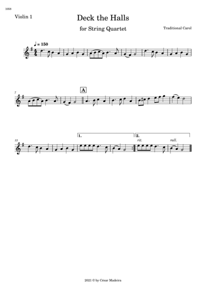 Deck The Halls - String Quartet (Full Score and Parts) image number null