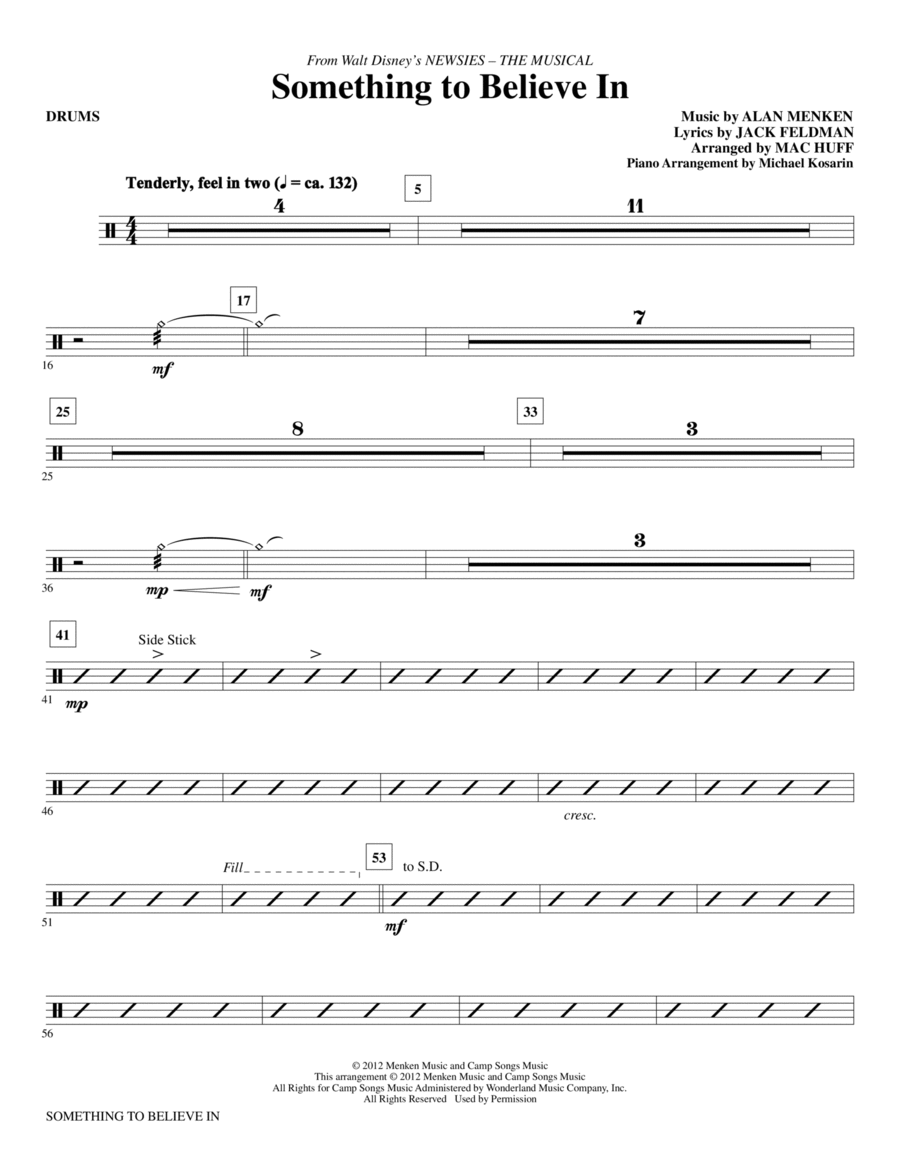 Something To Believe In (from Newsies) - Drums Choir scores gallery preview page 1