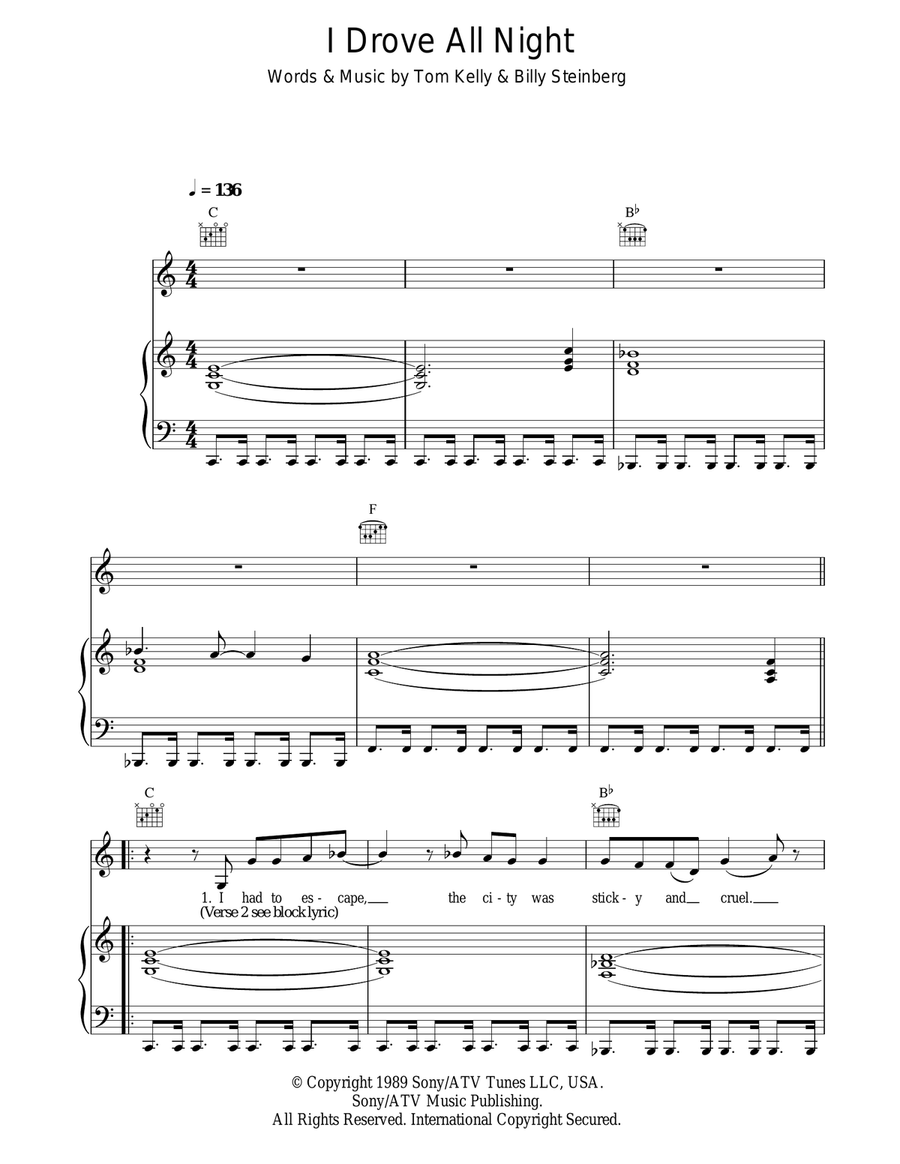 I Drove All Night Piano, Vocal scores gallery preview page 1