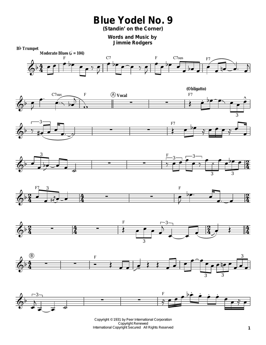 Blue Yodel No. 9 (Standin' On The Corner) Trumpet scores gallery preview page 1