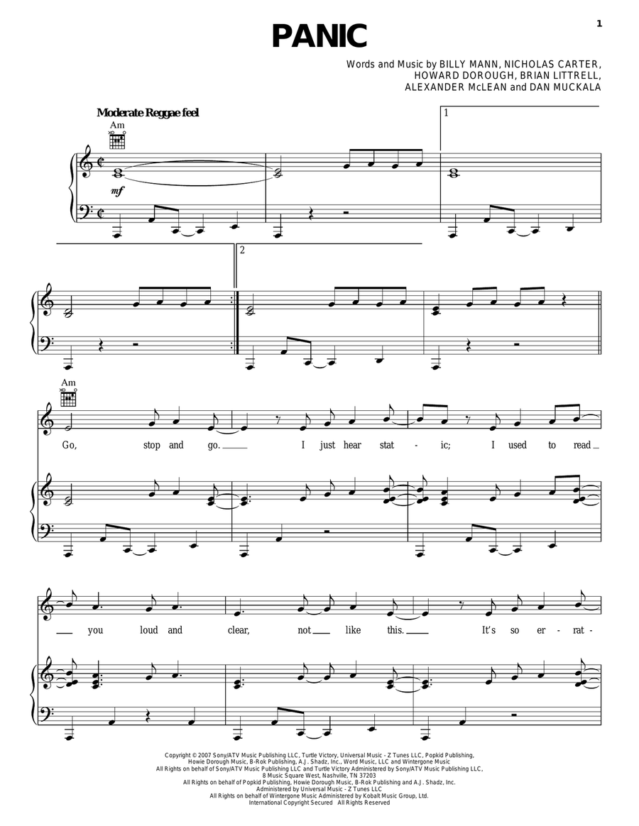Panic Piano, Vocal, Guitar scores gallery preview page 1