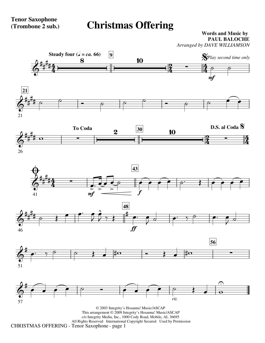Christmas Offering - Tenor Sax (Trombone 2 sub.) Choir scores gallery preview page 1