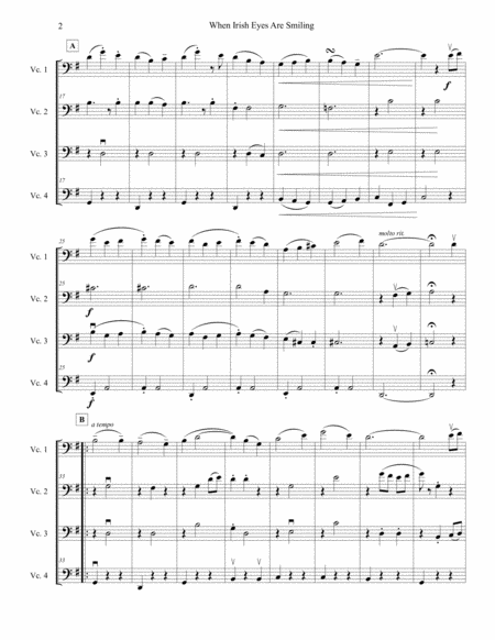 When Irish Eyes Are Smiling, arranged for intermediate cello quartet (four cellos) by Ernest R. Ball Cello - Digital Sheet Music