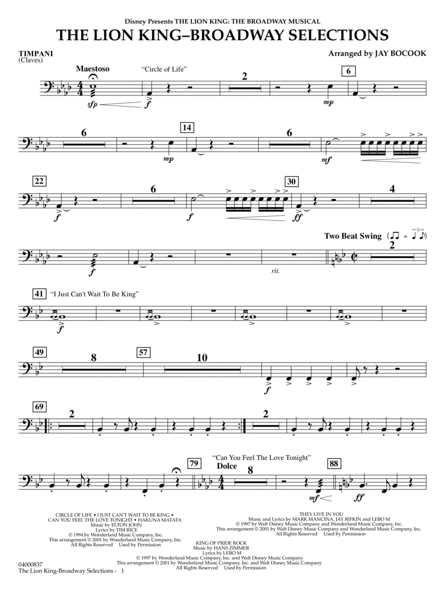 The Lion King: Broadway Selections - Timpani Concert Band scores gallery preview page 1
