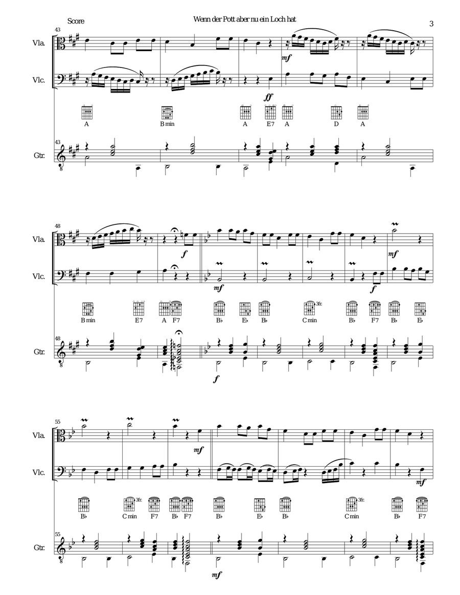 Wenn der Pott aber nu ein Loch hat (There's a hole in my bucket) for viola, cello and guitar Small Ensemble scores gallery preview page 3