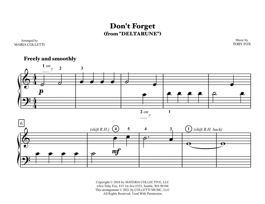 Don't Forget Easy Piano scores gallery preview page 1