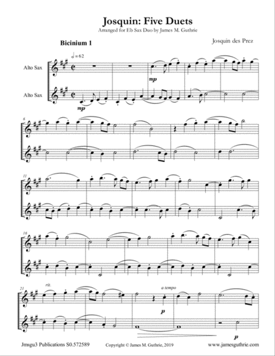 Josquin: Five Duets for Eb Sax Duo Woodwind Duet scores gallery preview page 1