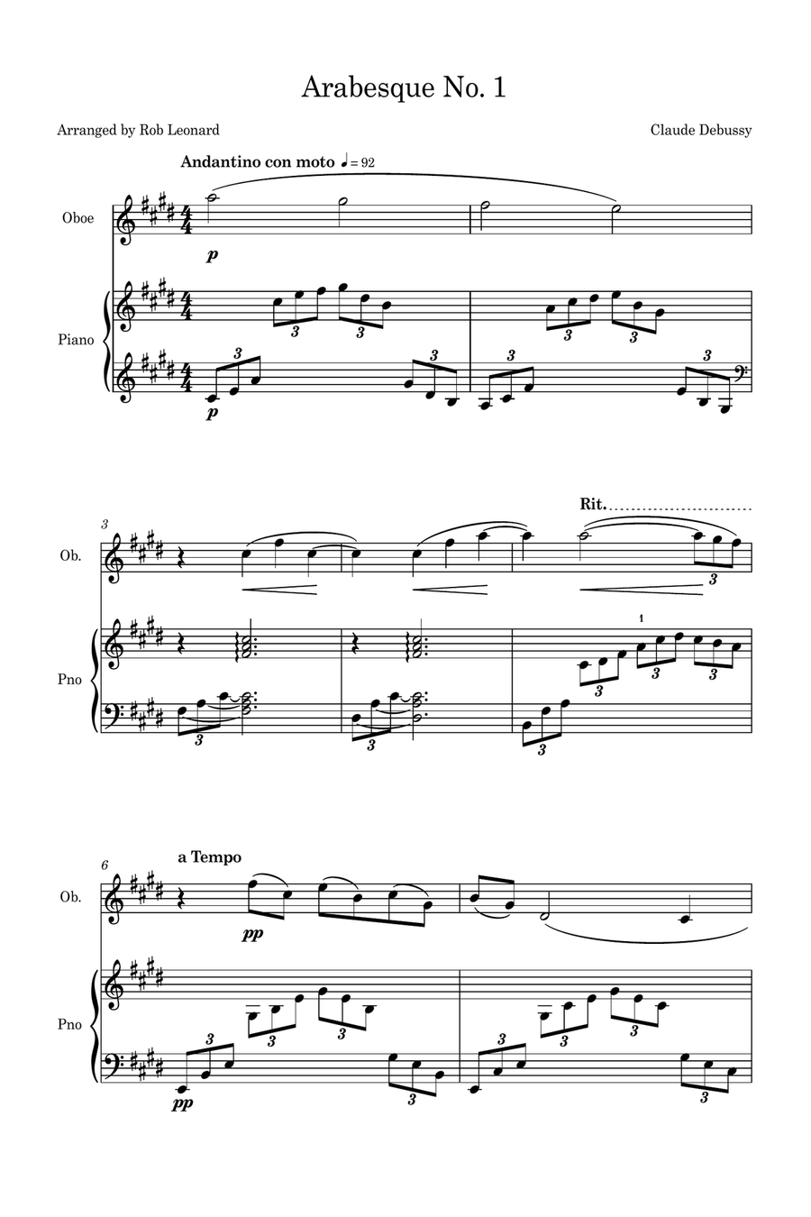 Arabesque No.1 (Simplified for Oboe and Piano) Piano scores gallery preview page 1