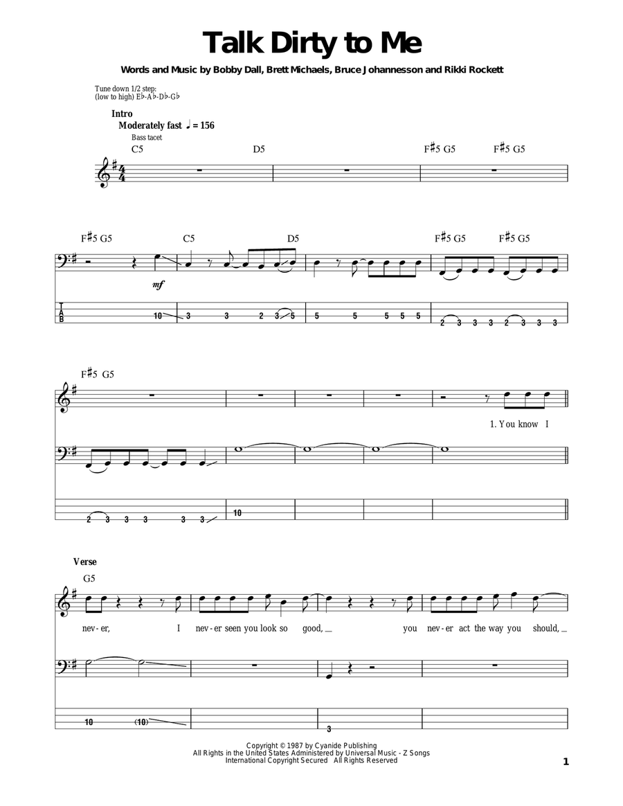 Talk Dirty To Me Bass Guitar Tablature scores gallery preview page 1