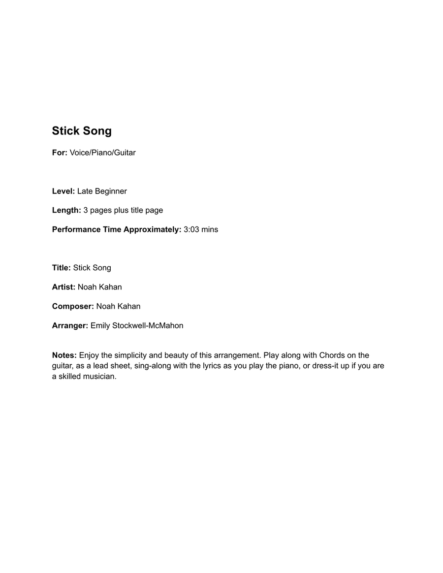 Stick Song Stick Song Piano, Vocal, Guitar scores gallery preview page 1