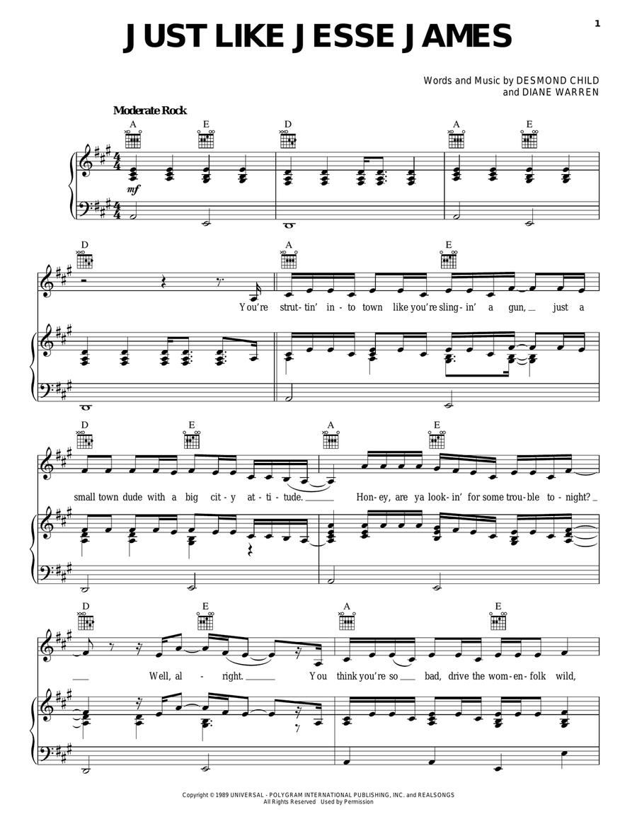 Just Like Jesse James Piano, Vocal, Guitar scores gallery preview page 1