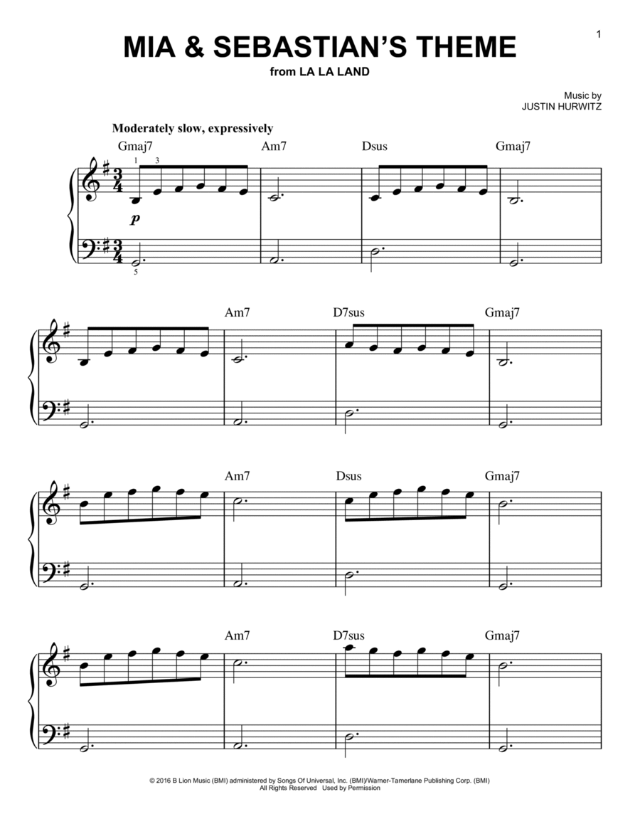 Mia & Sebastian's Theme (from La La Land) Easy Piano scores gallery preview page 1