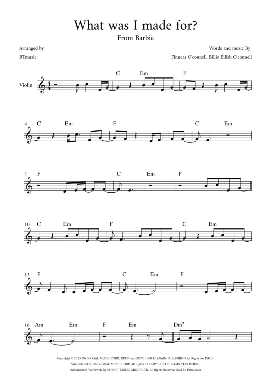 What Was I Made For? Violin Solo scores gallery preview page 1