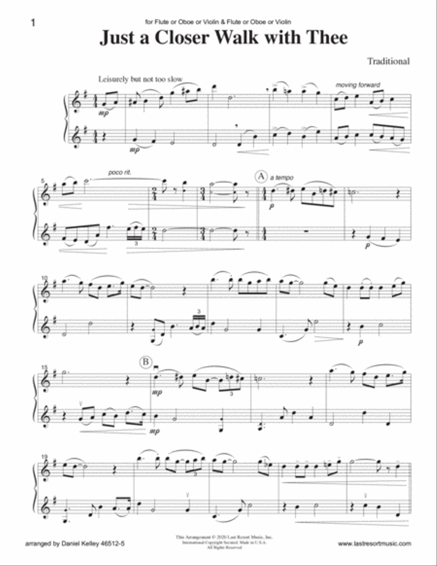 Just A Closer Walk With Thee for Flute or Oboe or Violin & Flute or Oboe or Violin Duet - Music for Small Ensemble scores gallery preview page 2
