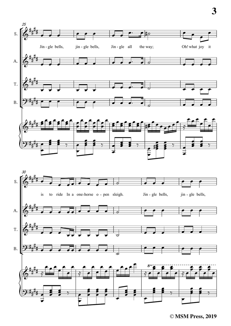 Pierpont-Jingle Bells(The One Horse Open Sleigh),in E Major,for Quatre Chorales 4-Part scores gallery preview page 5