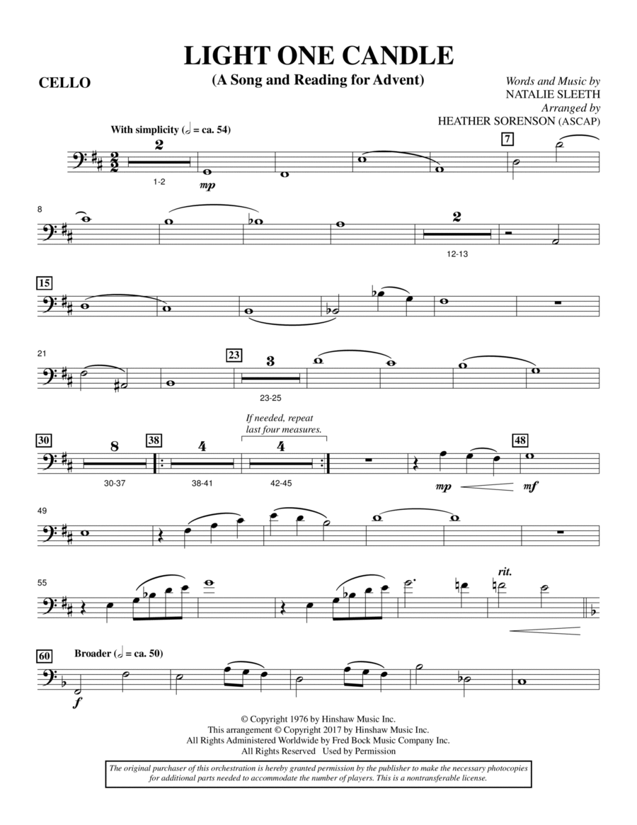 Light One Candle - Cello Light One Candle - Cello Choir scores gallery preview page 1